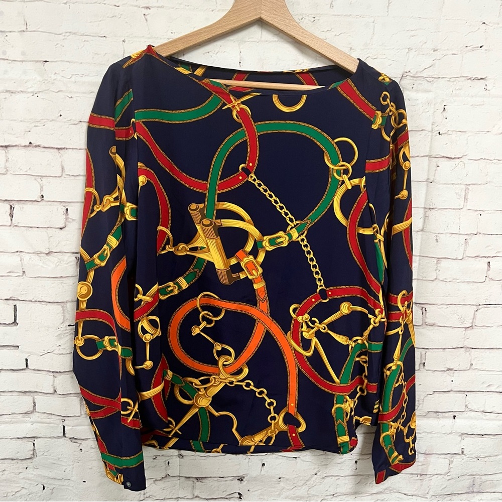 Navy Chain Print Long Sleeve Blouse
